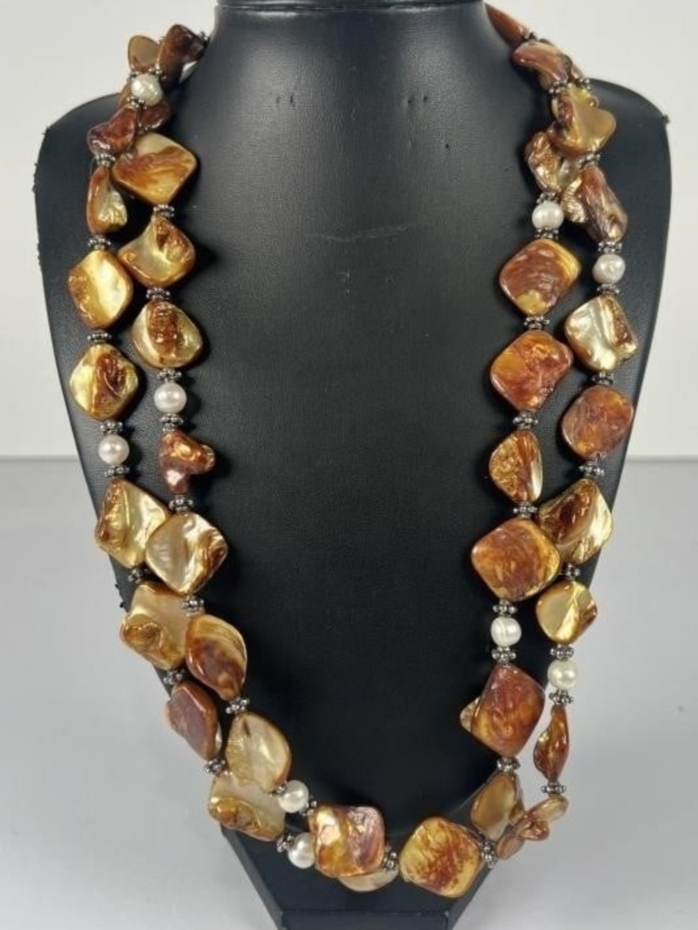 Gold Brown Marbled Shell & Pearl Long Necklace